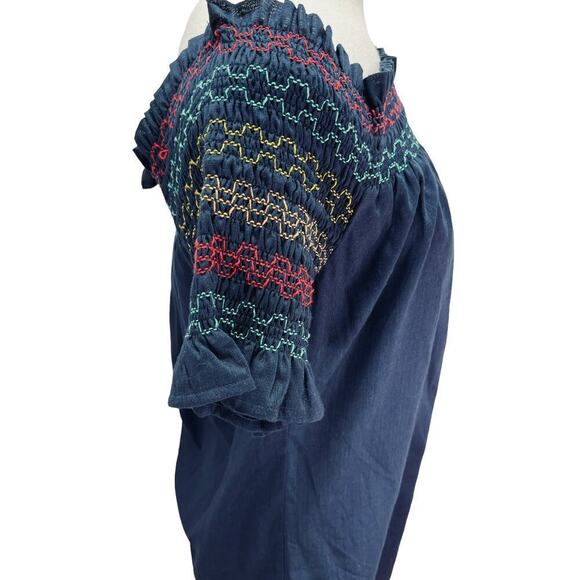 Trina Turk Embroidered Off The Shoulder Smocked Blouse Cotton Indigo Small NWT - Picture 4 of 12